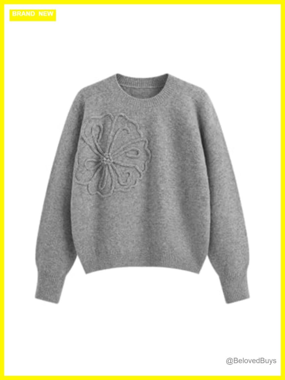 Cute Floral Applique Crew Neck Long Sleeve Pullover Sweater Loose Fit Knit Top